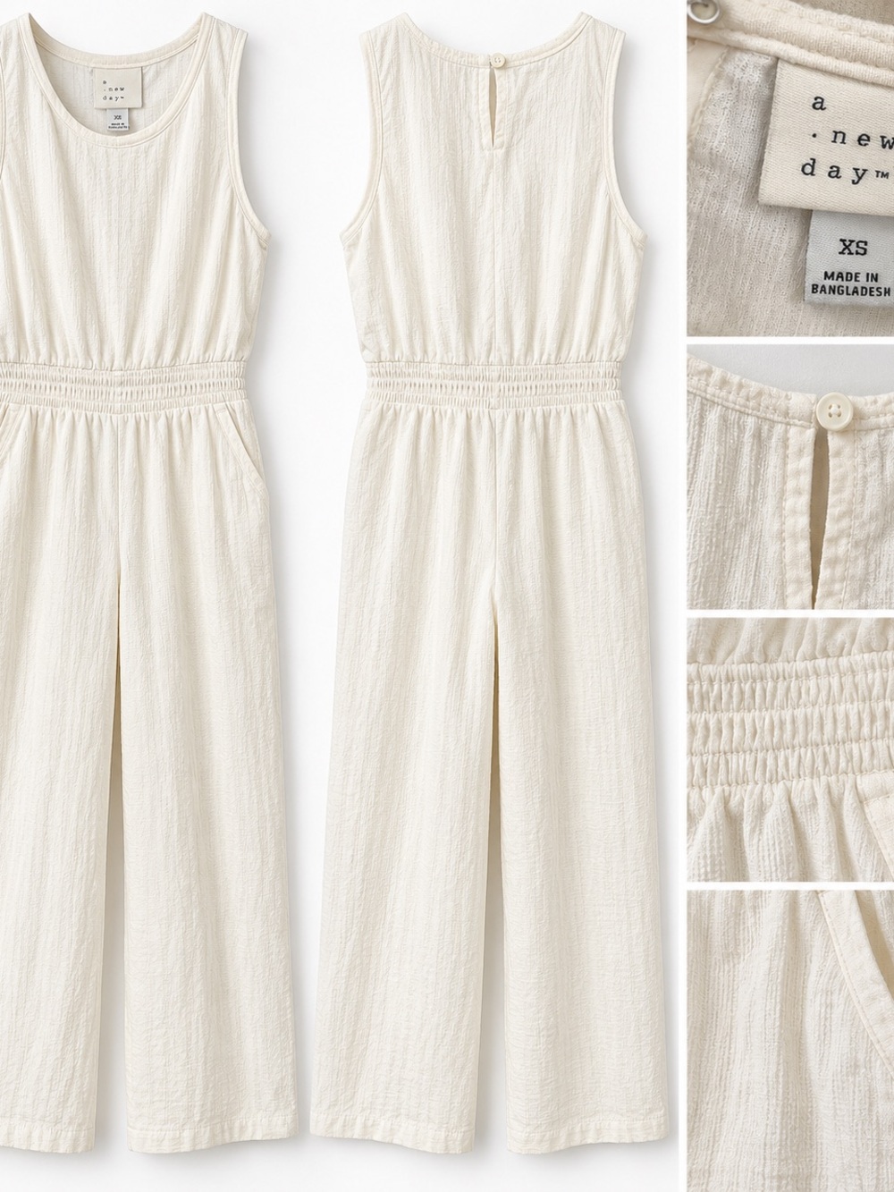 A New Day Cream Ivory Wide Leg Jumpsuit Smocked Waist XS